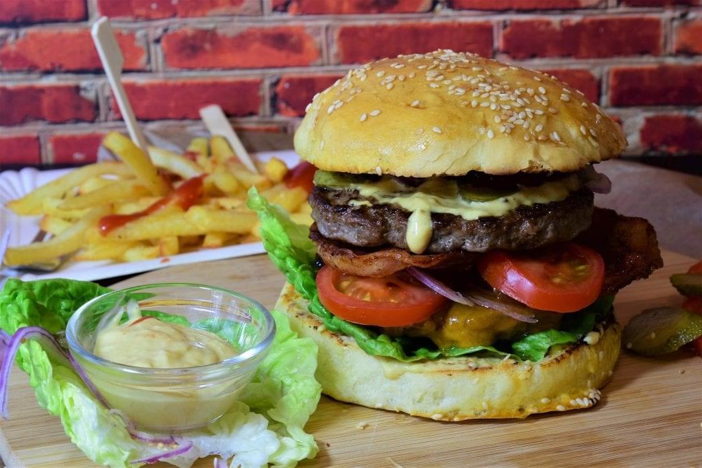 Burger, fries, and mayonaise